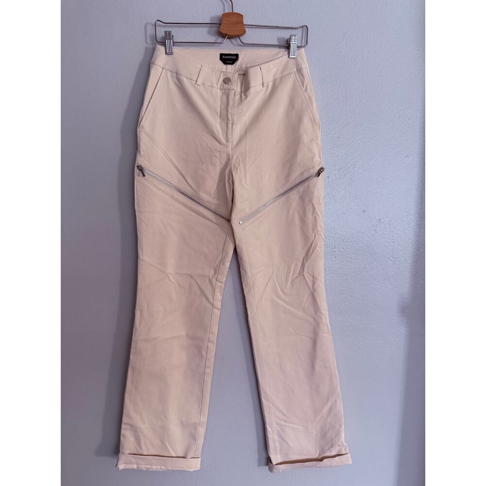BEBE new Natural Waist Zipper Detail beige cream mini bootcut pants trousers - Picture 2 of 11